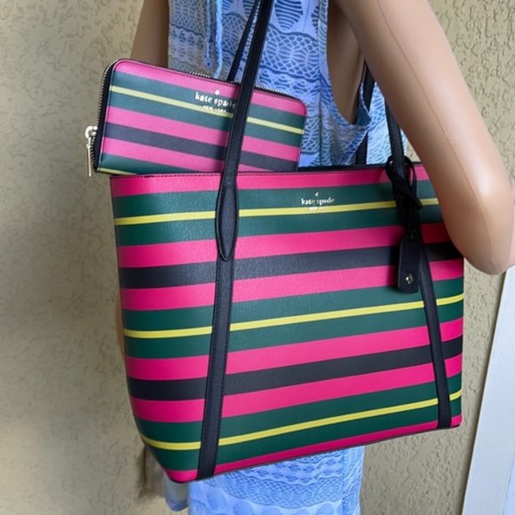 Kate Spade Wrapping Paper Large Tote Multi & Staci Wrapping Paper Stripes Wallet - Picture 15 of 16